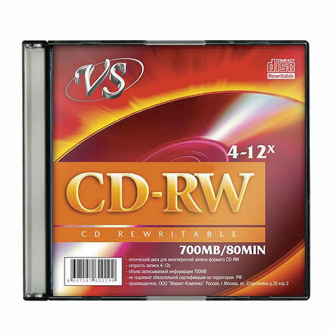 Диск CD-RW, VS, 700 Mb, 4-12 x Slim Case, 1 штука, VSCDRWSL01