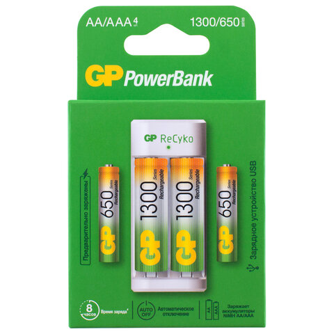 Зарядное устройство GP с аккумуляторами, AA 1300 mAh 2 шт. + AAA 650 mAh 2 шт., E211130/65-2CRB4, E21113065-2CRB4