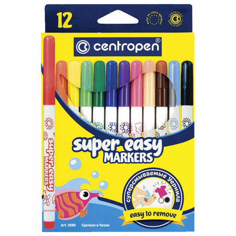 Фломастеры 12 ЦВЕТОВ CENTROPEN "Super Easy", смываемые, вентилируемый колпачок, 2580/12KK, 7 2580 1285