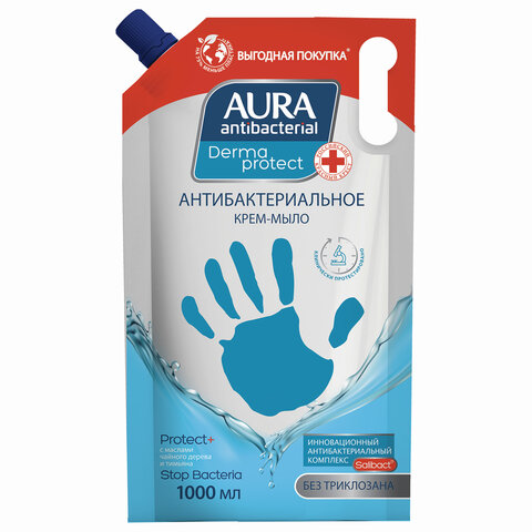 Мыло-крем жидкое антибактериальное 1 л AURA DERMA PROTECT "Чайное дерево и тимьян", дой-пак, 10363