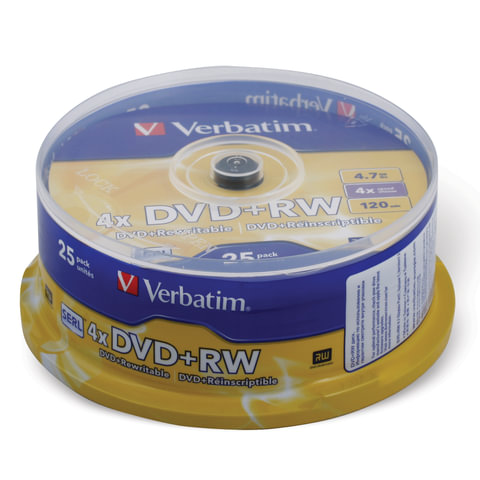 Диски DVD+RW (плюс) VERBATIM 4,7 Gb 4x, КОМПЛЕКТ 25 шт., Cake Box, 43489